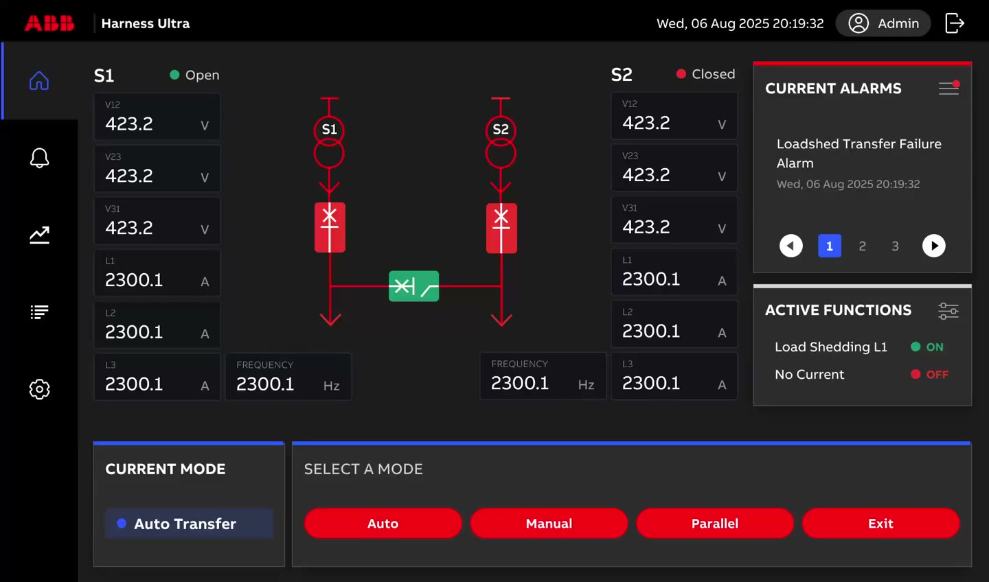 Demo of navigating the Settings drill-down: the breadcrumb and primary/secondary/tertiary menus stay visible while moving from Parameters > Voltage to Parameters > Frequency to Load Shed > Current Load Shed.