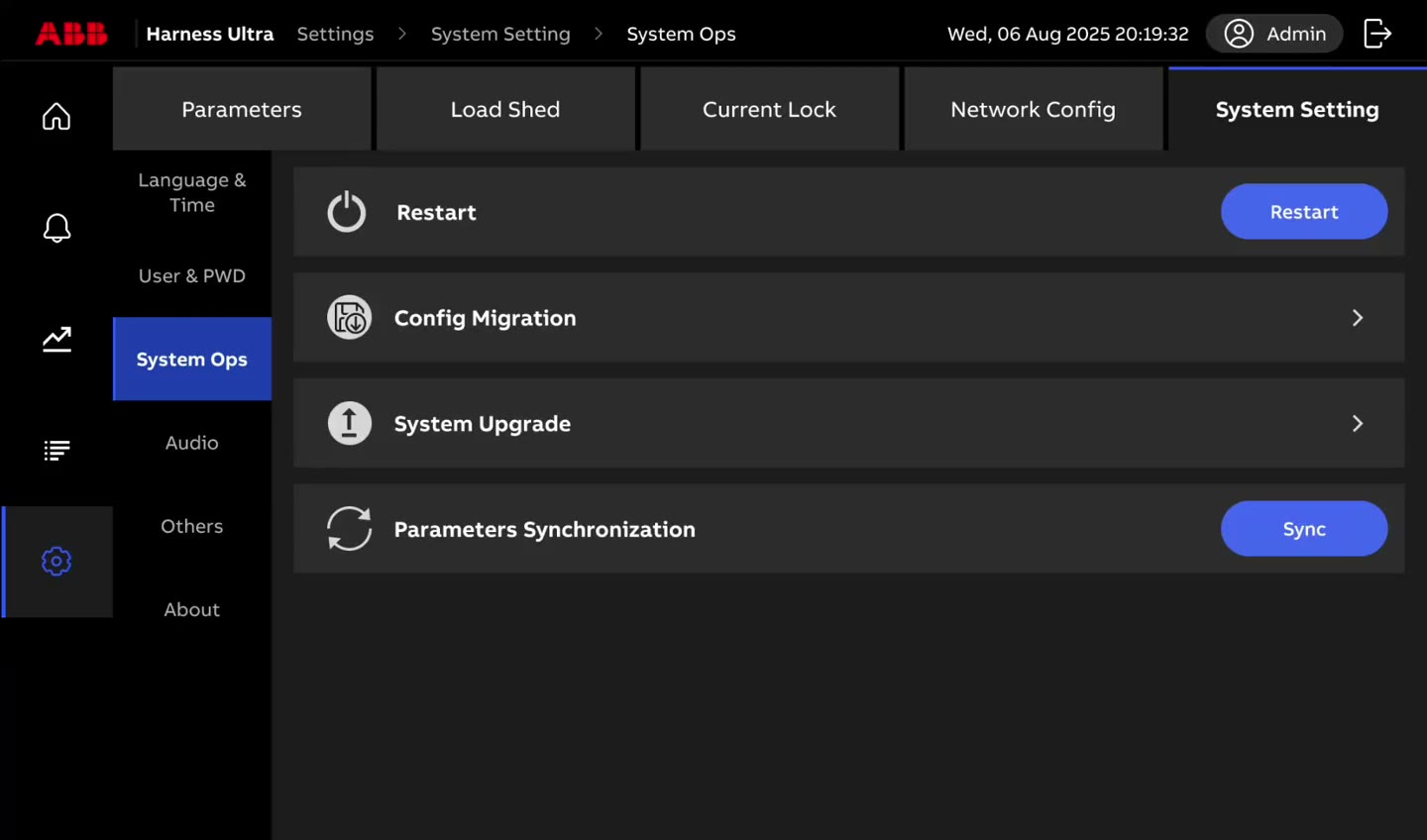 Demo of exporting the HMI configuration from System Ops > Config Migration: tapping Export shows an 'Exporting configuration. Please wait.' progress state before returning to the settings panel.